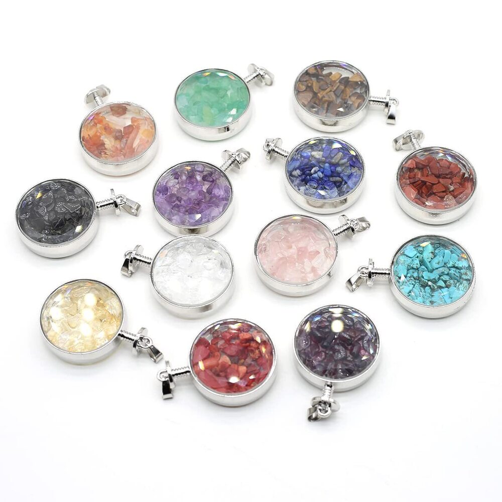 7352 5PC Round Wishing Bottle Natural Stone Gravel Pendant Rose Quartz